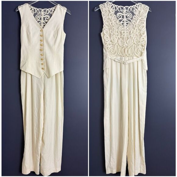 Vintage Ann Taylor Cream Ivory Jumpsuit with Gold Buttons and Sheer Open Lace 8 - Picture 1 of 8